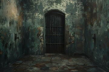 Obraz premium A room with a door and a brick wall