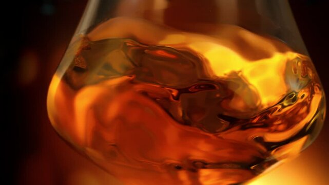 Super Slow Motion Detail Shot of Swirling Golden Alcohol in Glass at 1000fps.