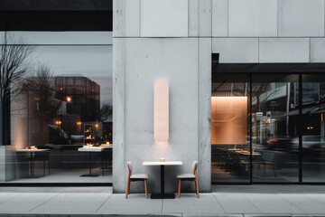 Modern restaurant exterior featuring elegant seating on a quiet street at dusk