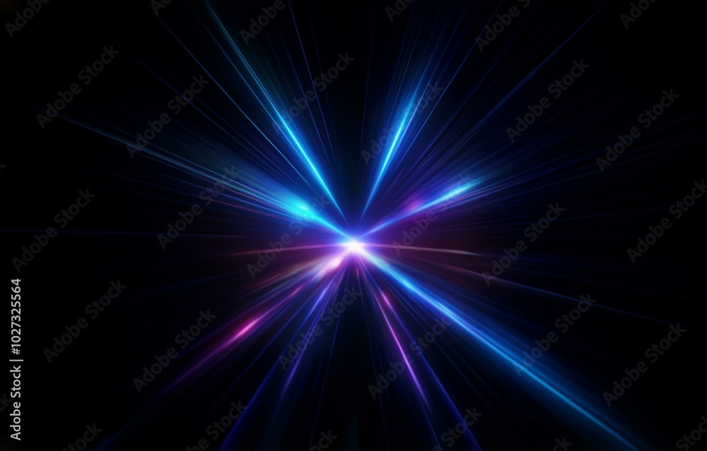 Poster Bright blue and purple light streaks radiate from the center of the image, creating a dynamic and energetic visual.
