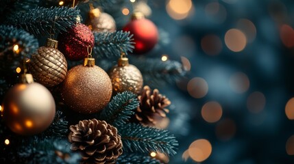 Obraz premium Christmas tree with red and golden baubles and lights bokeh background. Space for text. Copy space. Greeting card.