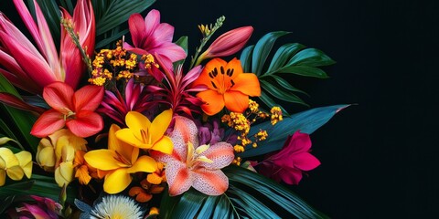 A vibrant bouquet of flowers filled with colorful blooms and lush green leaves. This image captures the beauty of nature in a striking way. Perfect for floral design inspiration. AI