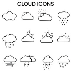 Cloud icon, vector set. Cloud line art icon, symbol, silhouette. Weather forecast icon set for web.  Climate symbol, icon. Vector illustration. Abstract white cloud icon set.