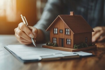 Woman signing documents beside a lit miniature house model, symbolizing real estate transactions or home purchase agreements