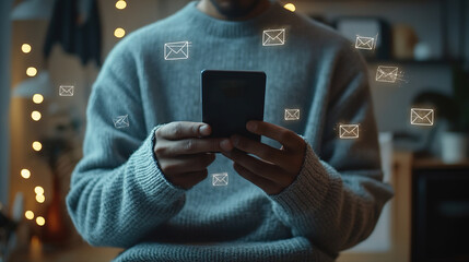 Man using a smartphone to check messages with digital mail icons floating around