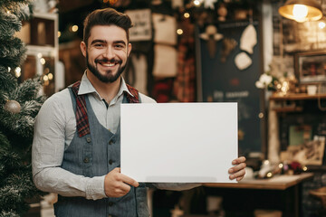 Оwner of a small  business, standing in his workshop studio, holds a blank white sign with copyspace,  in his hands and smiles. The workshop studio is decorated for Christmas