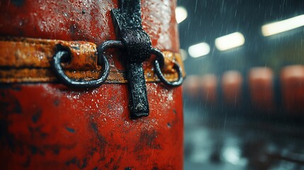 A close-up of a worn red punching bag in a dimly lit gym, suggesting a focus on fitness.