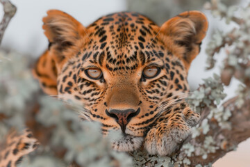 Naklejka premium Leopard resting on a tree branch in the wild, showcasing its distinctive coat and gaze