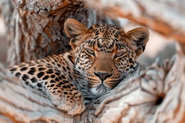 Naklejka premium Leopard resting on a tree branch in Kruger National Park during the afternoon hours