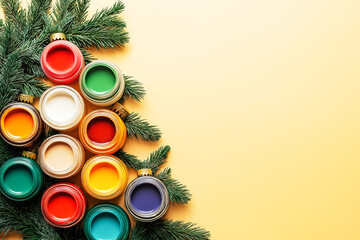 Multi-colored jars with gouache paint in the shape of a Christmas tree on yellow background, place for text