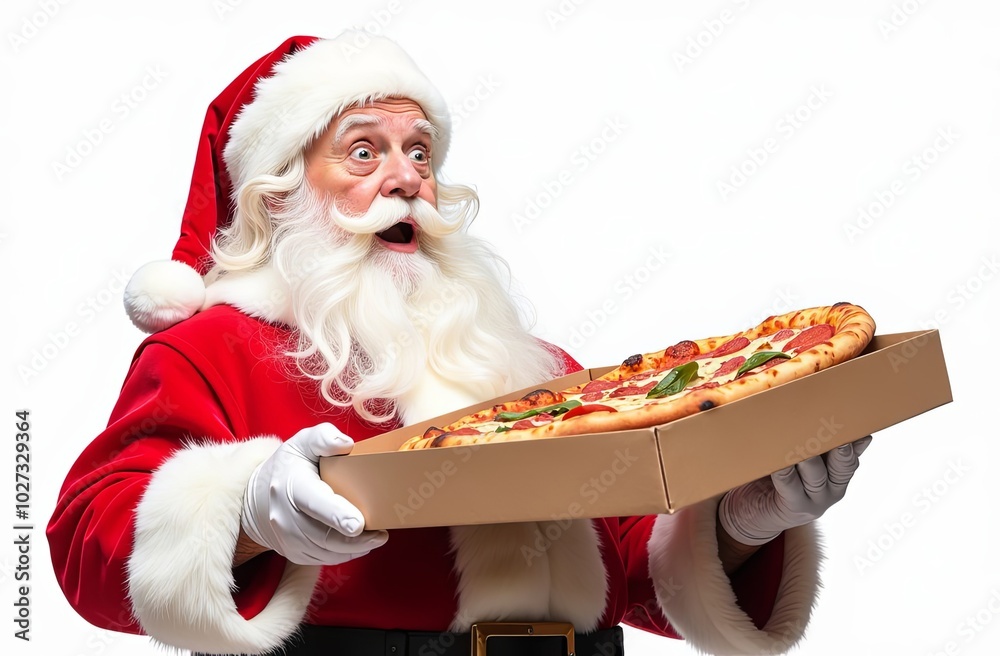 Canvas Prints surprised santa claus holding a box with tasty pizza on white background. copyspace