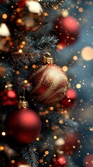 Christmas tree with red and golden baubles and lights bokeh background. Space for text. Copy space. Greeting card.