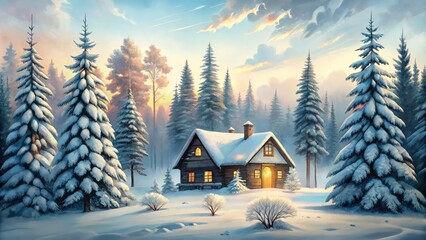 Fototapeta premium Experience the charm of Christmas with this hand-drawn watercolor postcard featuring a Scandinavian winter house, perfect for holiday decor and warm festive greetings.