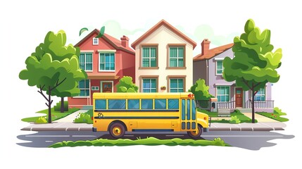 Cartoon illustration of a school bus driving past some houses.