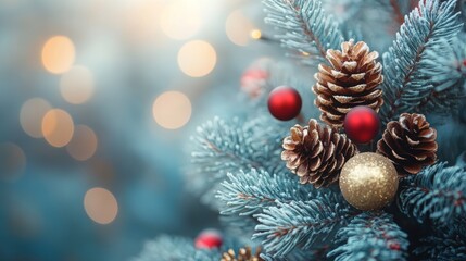 Obraz premium Christmas tree with red and golden baubles and lights bokeh background. Space for text. Copy space. Greeting card.