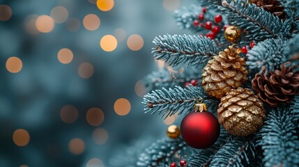 Christmas tree with red and golden baubles and lights bokeh background. Space for text. Copy space. Greeting card.
