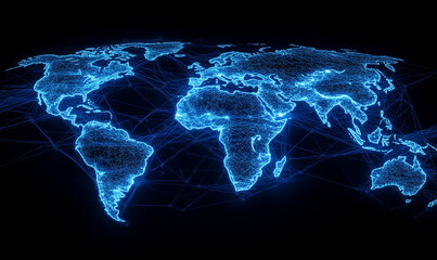 A blue map of the world with glowing lines connecting various countries, representing global connectivity and data transfer between different distant places.