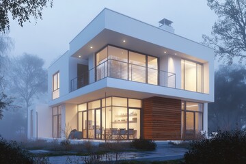 Fototapeta premium Contemporary white house with wood details, large windows, and a balcony, all under a foggy evening glow
