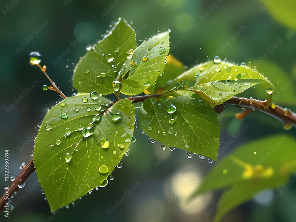 Wall mural fresh green leaves with dew drops