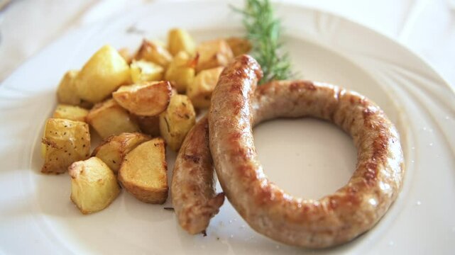 Sardinian pork sausage with roasted potatoes, traditional meat vegetable dish meal on white plate, Sardinia Italy macro closeup