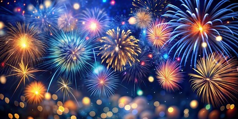 Fototapeta premium Exquisite fireworks illuminate the dark blue night sky, creating a breathtaking spectacle perfect for capturing beautiful low-light photography moments of celebration and wonder.