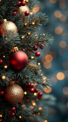 Christmas tree with red and golden baubles and lights bokeh background. Space for text. Copy space. Greeting card.