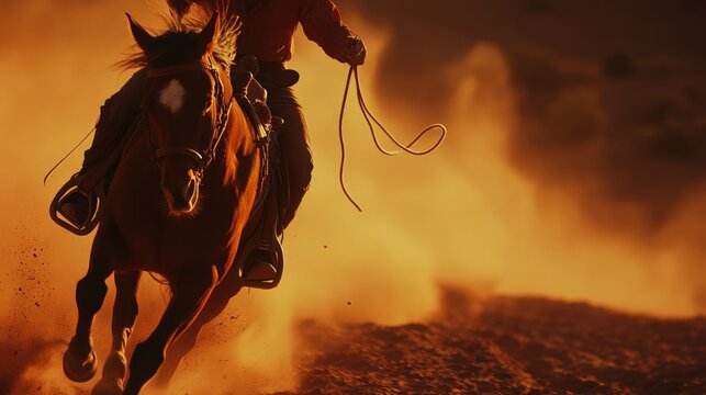 Rodeo Rider Silhouetted against Vibrant Sunset Sky