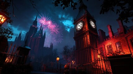 A Nighttime View of the Big Ben Clock Tower with Fireworks Displaying in the Sky