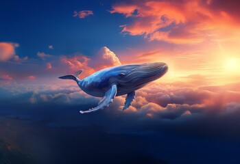 Fototapeta premium A blue whale soars through the sky, with a sunset in the background.