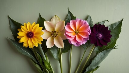 Fototapeta premium Four Colorful Flowers Arranged in a Row on a Green Background.