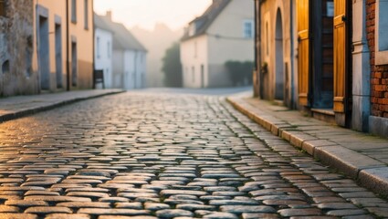 Cobblestone street captures golden light during early morning in a historic town.