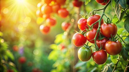 Obraz premium Fresh, ripe tomatoes on the vine captured with a bokeh effect, celebrating the vibrant colors and textures of the harvest in stunning detail and charm.