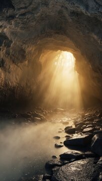 Eerie underground cave illuminated by sun rays with mist on rocky ground.