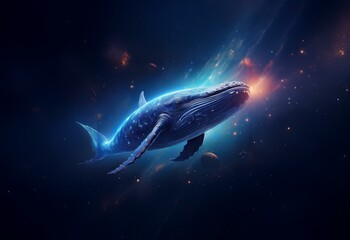 Naklejka premium A glowing blue whale swims through a cosmic space filled with stars and planets.