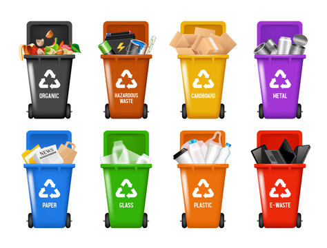 Recycling Bins. Containers for different types of garbage. Containers of different colors. Set of vector 3D illustrations