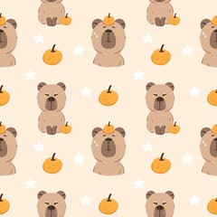 Capybara and orange seamless pattern on background