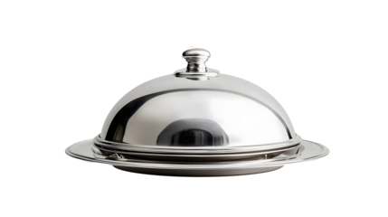Silver serving cloche raised above empty silver plate isolated on white