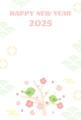 9かわいい年賀状テンプレート、ウグイスと梅と和柄のベクターイラスト08