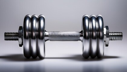 Naklejka premium Shiny Metal Dumbbell with Knurled Grip and Adjustable Weights for Strength Training and Fitness, Ideal for Gym, Home Workouts, or Professional Bodybuilding Equipment