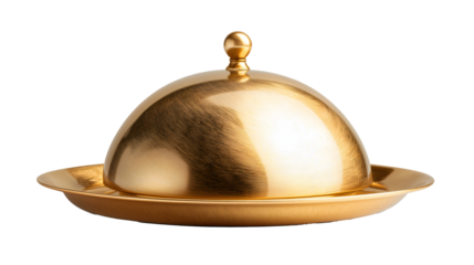 Golden serving cloche raised above empty golden plate isolated on white