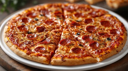 A delicious pepperoni pizza with melted cheese and crispy crust, sliced for sharing.