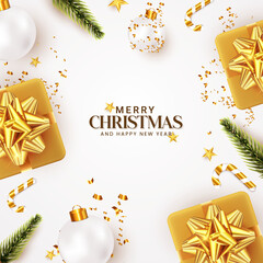 Top view White and golden color realistic Merry Christmas holiday background design template. Christmas and Happy New Year banner design with star, tree, snow, and Christmas ball. Xmas poster