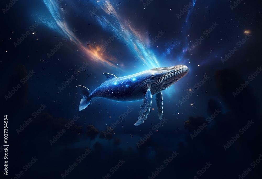 Poster a whale swims in the deep blue, surrounded by a swirl of stars and nebulas.