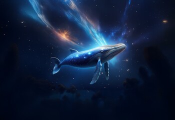 Fototapeta premium A whale swims in the deep blue, surrounded by a swirl of stars and nebulas.