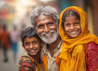 Poor old indian father with two children.	