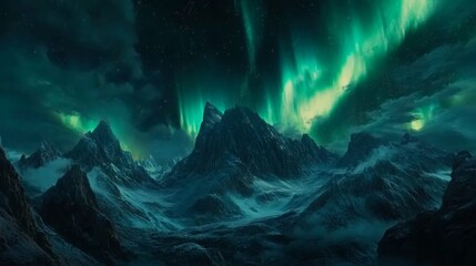 Obraz premium Majestic Northern Lights Dance over Rugged Mountain Peaks