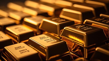A close-up shot of a stack of shiny gold bars neatly arranged, each engraved with purity and weight markings, reflecting light in a clean, secure vault environment