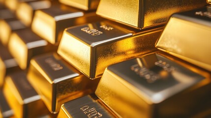 A close-up shot of a stack of shiny gold bars neatly arranged, each engraved with purity and weight markings, reflecting light in a clean, secure vault environment
