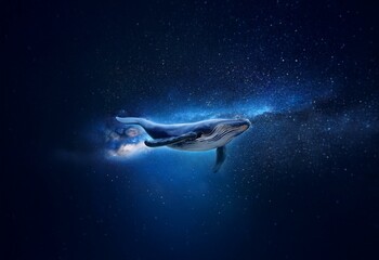 Fototapeta premium A whale swims through a field of stars with a galaxy in the background.