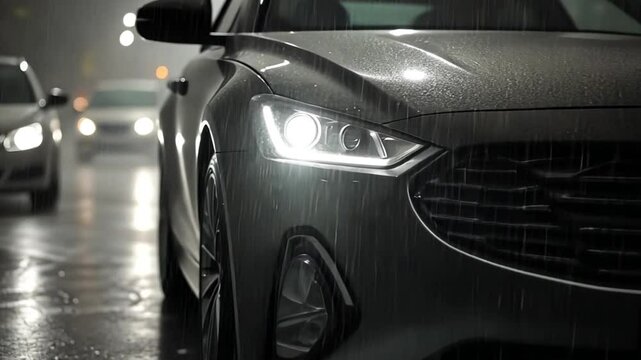 Close-up of a Car Driving in the Rain at Night with Headlights On